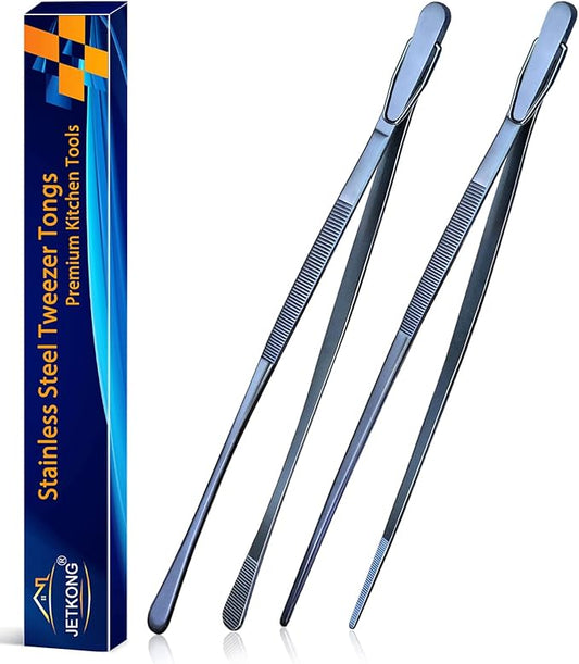 JETKONG 2 Pcs 12-Inch Cooking Tweezer Tongs Stainless Steel Kitchen Tweezers Plating Tongs (Navy Blue)