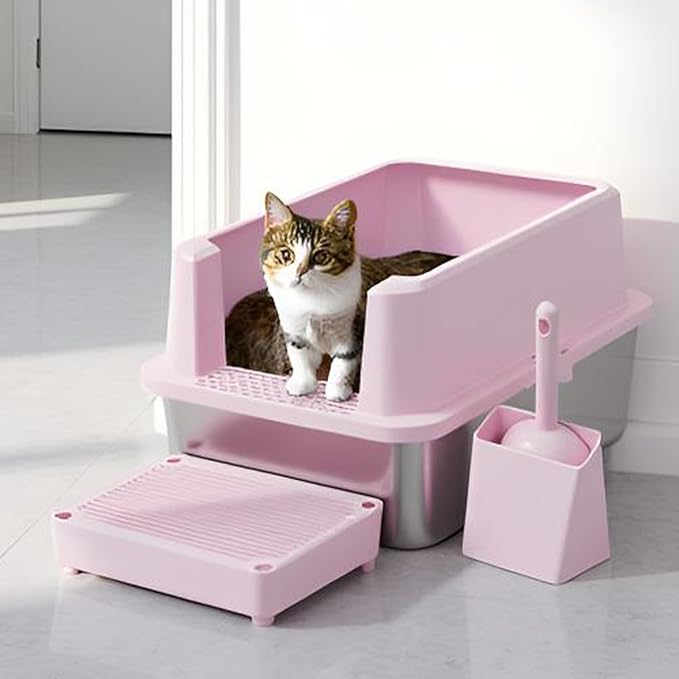 RIZZARI Stainless Steel Cat Litter Box, Semi-Closed Litter Box with High Edges, Large Odorless Litter Pan with for Small to Large Cats (Pink with Deodorizer, 2 Pack)