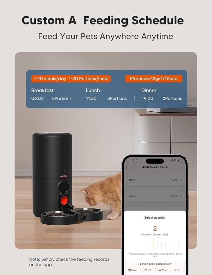 WOPET Automatic Cat Feeder, 5G WiFi Pet Feeder for Two Cats or Dogs with Remote Control, 6L Cat Food Dispenser with Low Food Sensor, 1-10 Meals Per Day, Up to 10s Meal Call for Pets