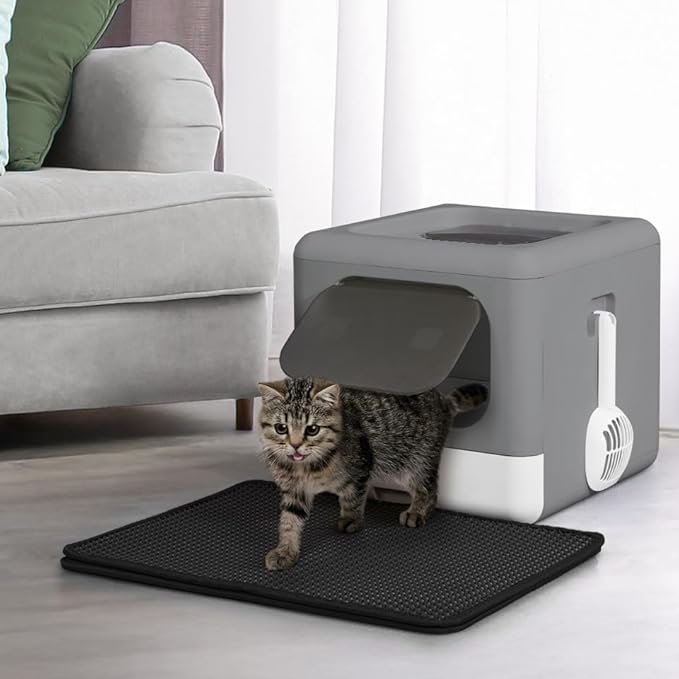 Foldable Cat Litter Box w/Lid, Scoop & Mat, Drawer Design Cat Toilet for Kitten, Two-Way Entry Kitty Litter Box, Odor Control & Easy to Clean, Dark Grey