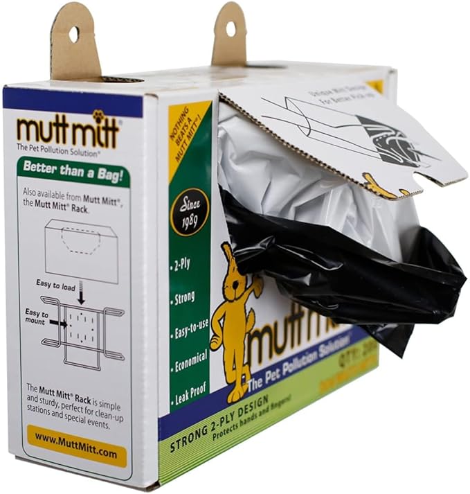 Mutt Mitt® 2-Ply dog waste pick-up bags Dispense-A-Mitt™ - 200 Dog Waste Bags in a wall mountable box.