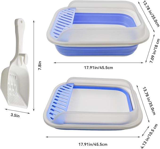 High Sided Cat Litter Box, Anti-Splashing Low Entry Cats Litter Pan with Scoop Collapsible Foldable Shallow Kitten Potty Toilet Waterproof Cat Travel Litterbox Semi-Enclosed Easy Clean(Blue)
