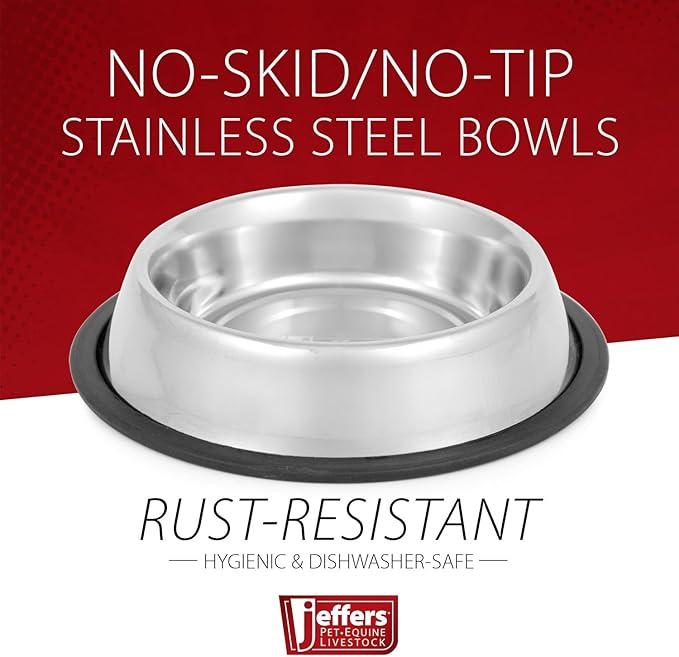 Jeffers Pet Stainless Steel Dog Bowl – No Skid, No Tip Food & Water Bowls for Puppies, Small, Medium, Large Breeds – Heavy Duty, Dishwasher Safe Feeder for Indoor, Outdoor, Travel Use – 1/2 Pint