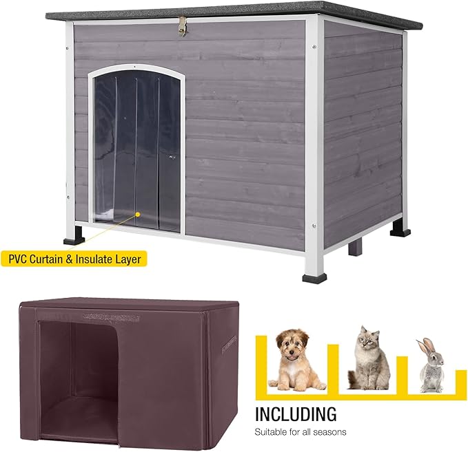 Insulated Wooden Dog Kennel Dog House with PVC Curtain and Removable Floor for Easy Cleaning (Large)