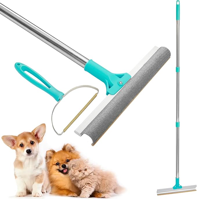 Carpet Rake for Pet Hair Removal, 2 in 1 Adjustable Long Handle Dog/Cat Hair Remover Brush, HOSDFOIER Animal Hair Rug Scraper for Floor/Furniture, Portable Mini Lint Cleaning Tool for Couch/Car
