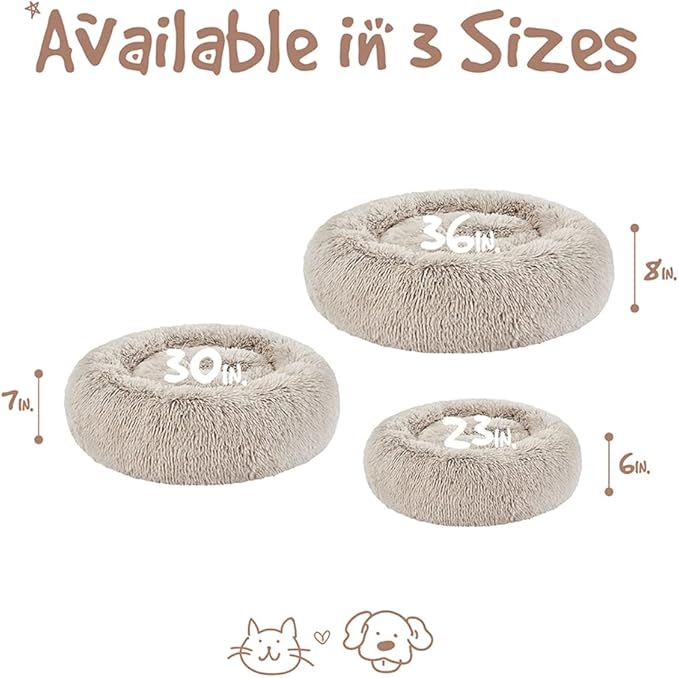 Friends Forever Donut Dog Bed Faux Fur Fluffy Calming Sofa For Large Dogs, Soft & Plush Anti Anxiety Pet Couch For Dogs, Machine Washable Coco Pet Bed with Non-Slip Bottom, 36"x36"x8" Tan