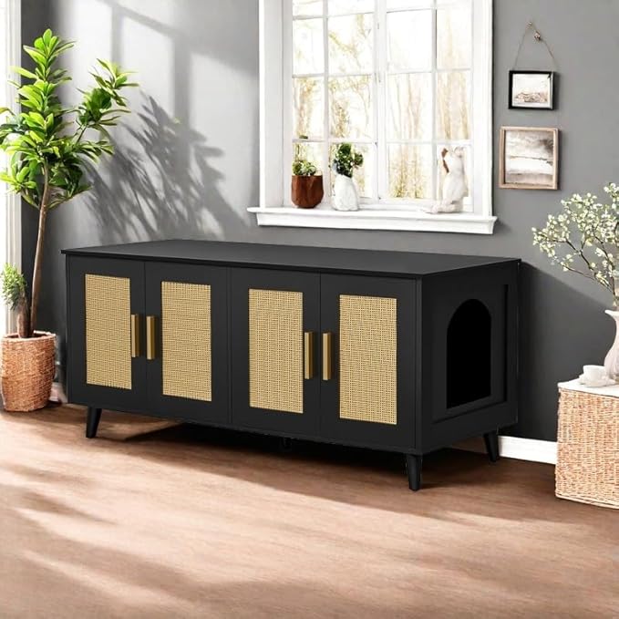 Homhedy Boho Cat Litter Box Enclosure for 2 Cats, Wooden Cat Washroom Furniture with Double Rattan Decorated Doors, Pet House,47.2”L x 19.7”W x 21.7”H, Black and Natural