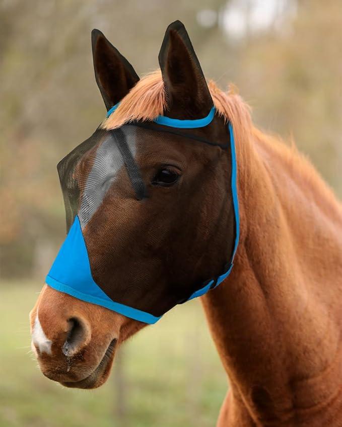 Hilltown Adjustable Fly Mask for Horse with Ears - UV-Block, Large Eye Space, Breathable, Built to Last, Comfort Fit - Horse Fly Mask for Daily Stable, Hot Weather Riding & Competition - Cob, Blue