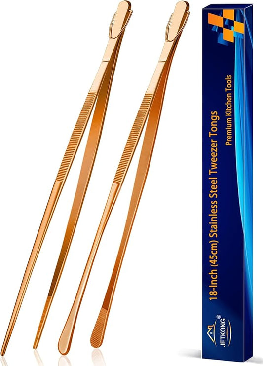 JETKONG 2 Pcs 18 Inch (45cm) Stainless Steel Grill Tongs Heavy Duty Giant Tweezer Tongs, Extra Large Tweezers Tools for Cooking, Grilling, BBQ and Turning Food (Rose Gold)