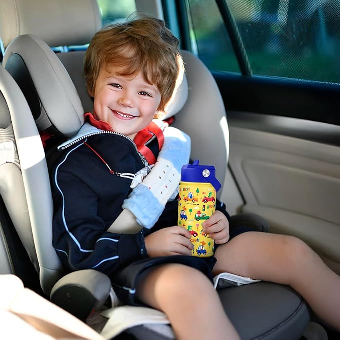 Kid Water Bottle 12oz with Straw Lid - 2-Pack Insulated Stainless Steel Water Bottles for Kids Boys Girls - Travel Cup for School Sports, Construction & Transportation