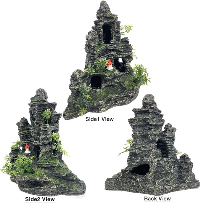 Large Aquarium Decorations Mountain View Stone Ornament Tree Rock Cave Artificial Fish Tank Ornament, Black