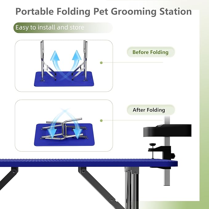 VFK 36''/47''Large Dog Grooming Table, Foldable Pet Station at Home, Dog Grooming Table,Adjustable Cat Drying Desktop with Arms, Nooses, Mesh Tray (Stainless Steel pet Table, 36" Blue)