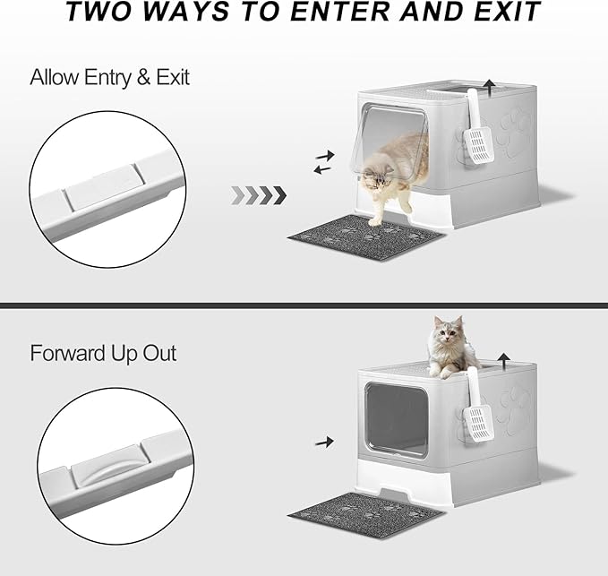 Upgrade Portable Litter Box, Top Entry Cat Box with Lid, No Leakage Kitty Box with Scoop and Mat, Easy Cleaning Cat Box Enclosure (Grey)