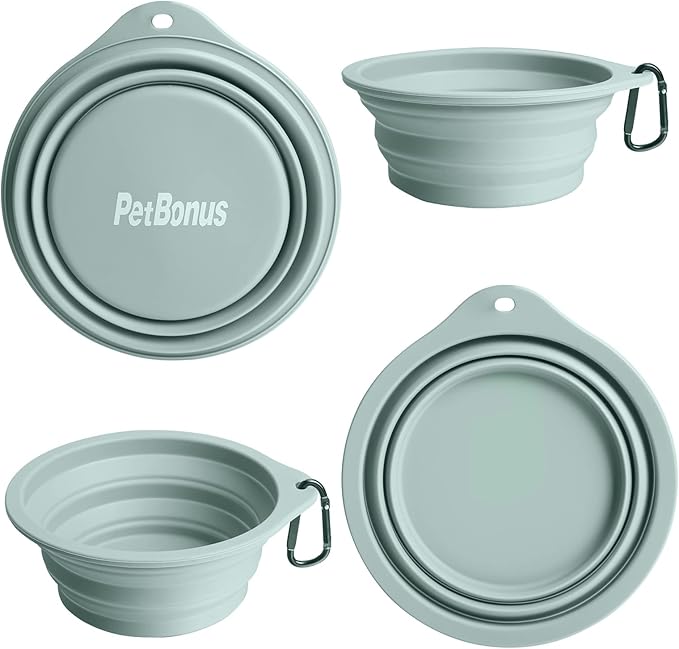 PetBonus 2-Pack Silicone Collapsible Dog Bowls, BPA Free Dishwasher Safe, Portable Foldable Expandable Travel Bowl, Food Water Feeding Cup Dish for Dogs Cats with 2 Carabiners (Turquoise, Tan)