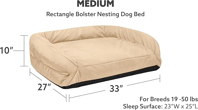 K9 Ballistics Tough Bolster Nesting Pillow Medium Sofa Dog Bed with Removable Washable Cover - Durable, Water Resistant with Nonskid Bottom 33"x27", Sandstone
