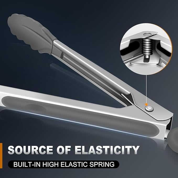 Kitchen Tongs with Silicone Tips - Heat Resistant 600 Degrees Stainless Steel Locking Cooking Tongs with Rubber Tips, Non-Stick Food Tongs for Cooking, Heavy Duty, Set of 3-7" 9" and 12" Grey