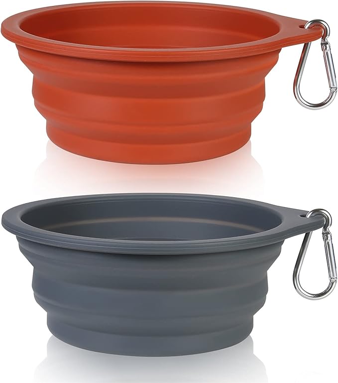 SLSON 2Pack Collapsible Dog Bowl,Integrated Molding Travel Bowl No Plastic Rim Pet Feeding Bowls for Walking Traveling Outdoors,600ML (Brown+Grey)