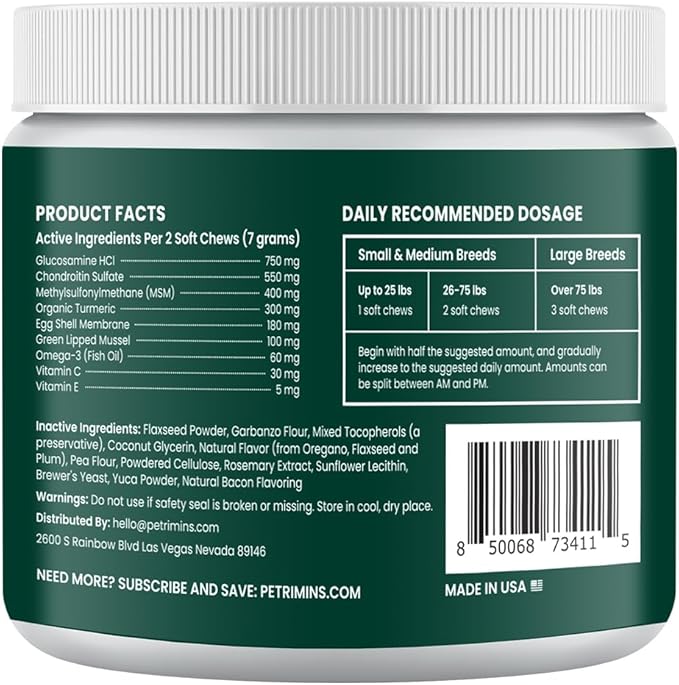 Advanced Hip & Joint Supplement for Dogs with Glucosamine and Chondroitin, for Dogs Glucosamine, Organic Turmeric, Egg Shell Membrane, Green Lipped Mussel, 90-Count, Bacon