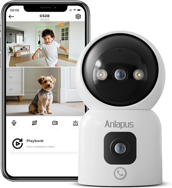 Anlapus C528 4MP Dual Lens(2MP+2MP) Indoor Security Camera, Motion Detect and Auto Tracking, Plug-in, 360° WiFi Pan/Tilt Camera, 2.4GHz WiFi, Two-Way Talk, Light & Siren alert, Memory Card Not Include