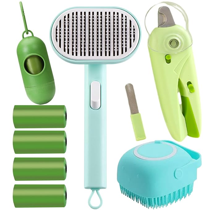 Dog cleaning and grooming 8-piece set, nail files with LED Light and Nail file, dog comb, cleaning brush, Bags Dispenser and trash waste bag, dog poop bags dispenser, grooming supply package