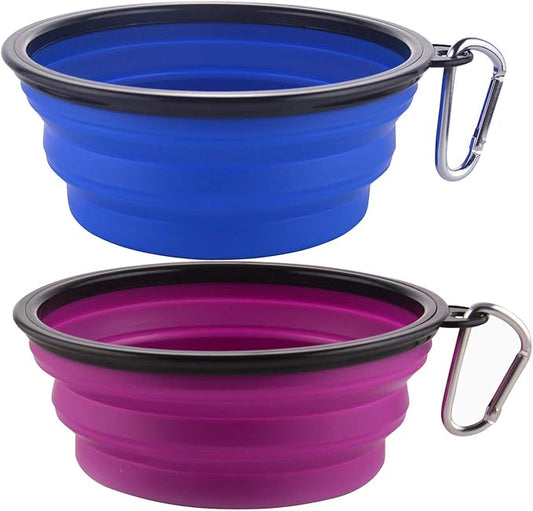 Guardians Large Collapsible Dog Bowls, 34oz Travel Water Food Bowls Portable Foldable Collapse Dishes with Carabiner Clip, 2 Pack (Blue + Purple)