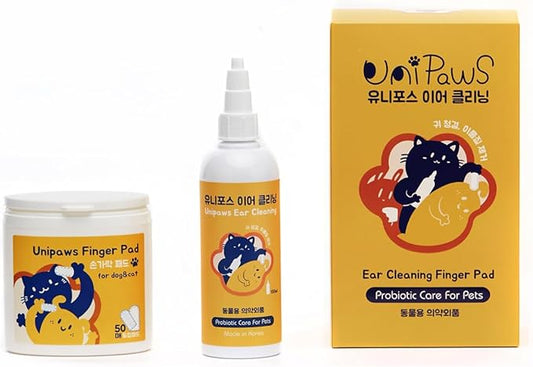 UNIPAWS Pet Ear Drops & Wipes Set for Dogs & Cats – Veterinary-Approved Ear Cleaner & Deodorizer – Reduces Wax Buildup, Relieves Itching & Infection – 5.1 fl oz + 50 PCS Finger Wipes – Made in Korea