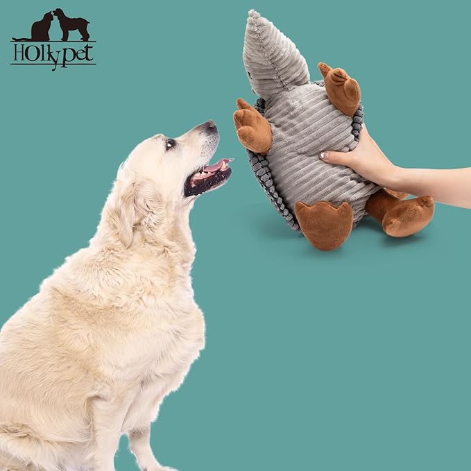 Hollypet Plush Dog Squeaky Toy Stuffed Armadillo Animal Pet Puppy Chew Toys with Clean Teeth for Small Medium Large All Breed Sizes Dogs, Dark Gray, 14 in