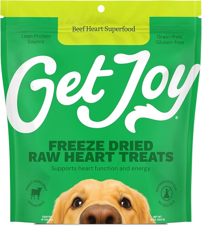 Get Joy Freeze Dried Superfood 100% Beef Heart Dog Treats, 16 Ounce Bag, Single Ingredient Organ Meat, High Protein, Heart Health, Energy, Muscle Repair, Grain Free, Gluten Free, Made in USA