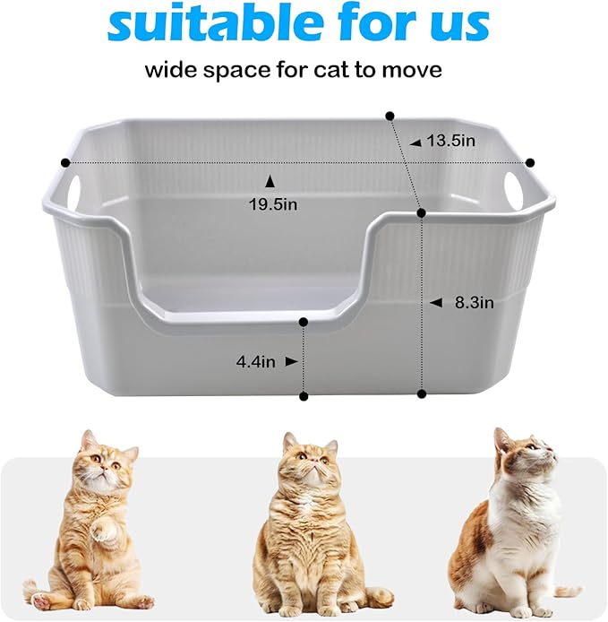 Large Open Cat Litter Box Low Entry,High Sided Cat Litter Pan Anti-Splashing Plastic Kitty Box Grey Kitten Pan with High Wall Easy Clean