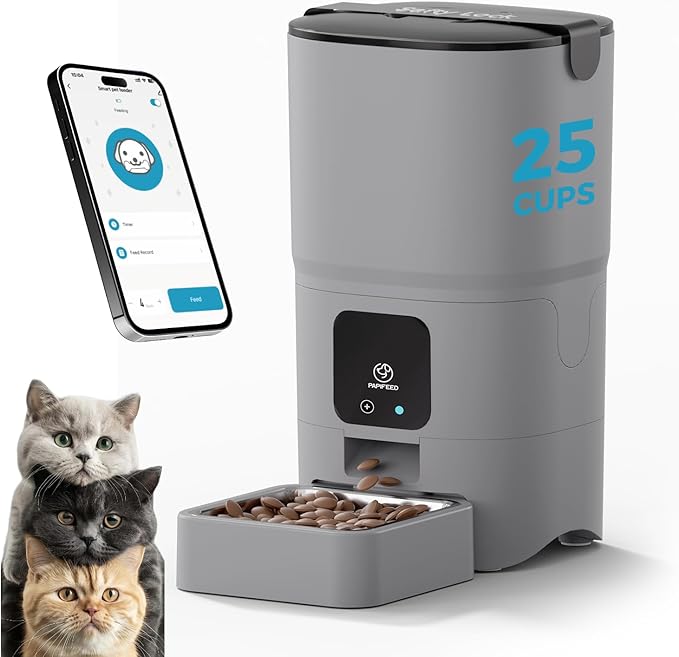 PAPIFEED Automatic Cat Feeder Upgrade, Smart Cat Feeder 6L - APP/Alexa Control, Dual Power Supply, Anti-Chewing Cord, Stainless Steel Bowl, Anti-Chewing Design for Cats and Small/Medium Dogs (Gray)