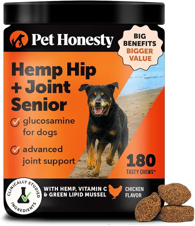 Senior Hemp Hip & Joint Supplement - Dog Joint Supplement with Hemp Oil, Glucosamine for Dogs, Collagen, MSM & Green Lipped Mussel - Mobility for Senior Dogs (Chicken 180ct)