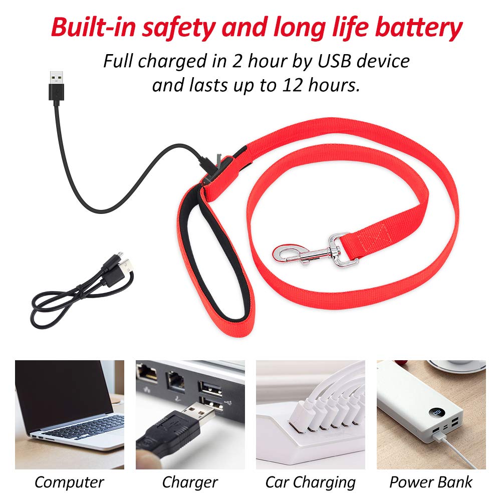 Illumifun LED Dog Leash, USB Rechargeable Light Up Dog Lead, 47.2inch Nylon Glowing Pet Leash for Your Night Dog Walking (RedⅠ)