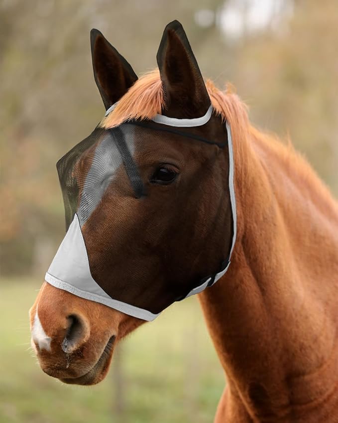 Hilltown Adjustable Fly Mask for Horse with Ears - UV-Block, Large Eye Space, Breathable, Built to Last, Comfort Fit - Horse Fly Mask for Daily Stable, Hot Weather Riding & Competition - Pony, Grey
