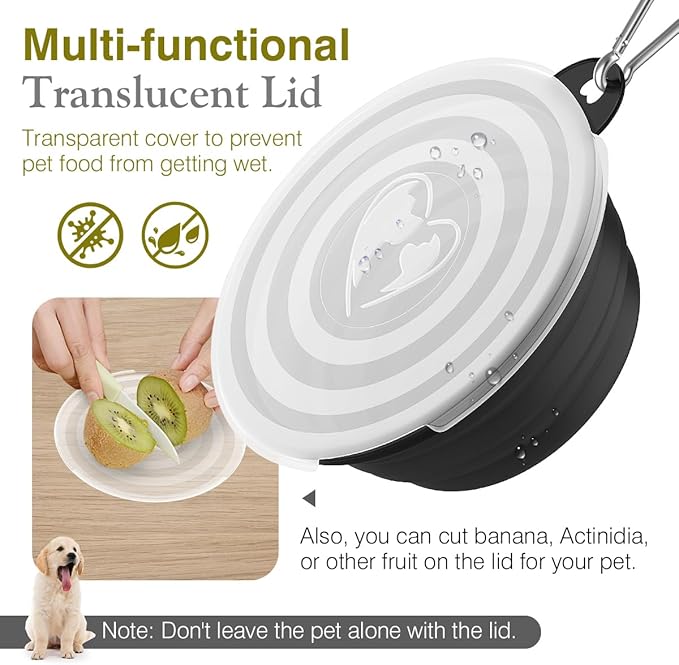 Pawaboo Collapsible Dog Bowls 2 Pack, Silicone Feeding Watering Bowls with Lids & Carabiners for Dogs Cats, Portable Water Feeder Food Bowl for Walking Traveling Home Use, Yellow + Black