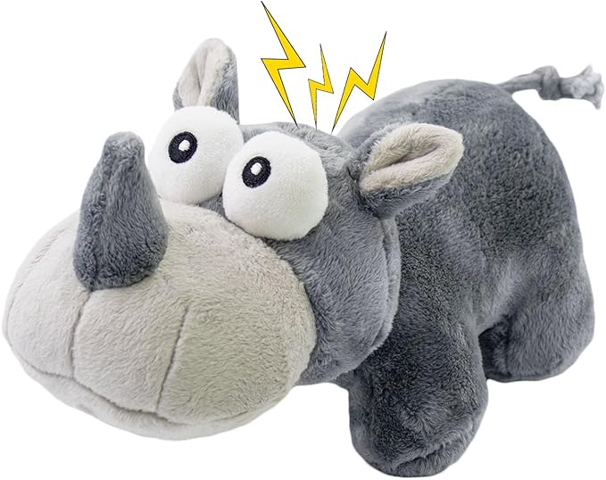 VWPYCHI Tough Dog Toy, Stuffed Chew Large Dog Toys to Keep Them Busy, Interactive Squeaky Tug of War Doggie Toy, Crinkle Grey Good Size Rhino Best Gift Christmas