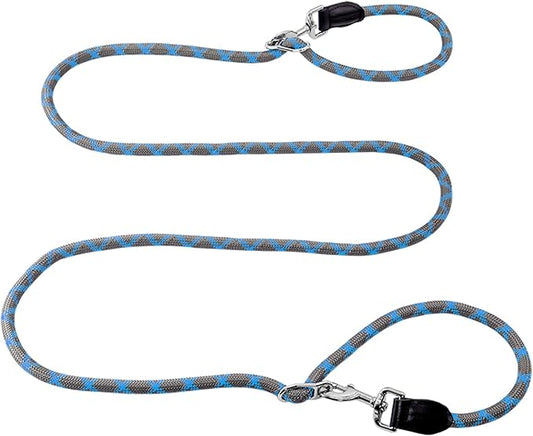Hands Free 8.5ft Nylon Double Dog Leash with Reflective Stitching, Adjustable Waist Fits All for Medium Large Dogs - Blue
