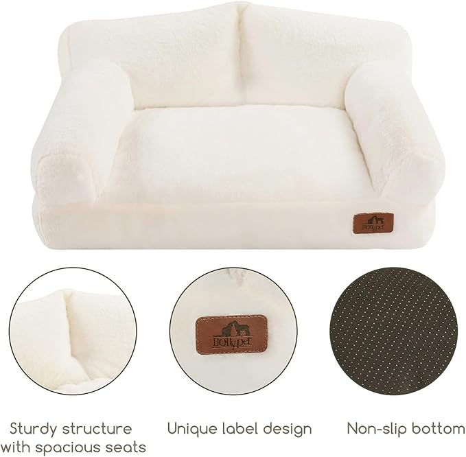 Hollypet Fluffy Plush Pet Cat Couch Soft Calming Pet Sofa Beds for Medium Small Cats and Dogs, White
