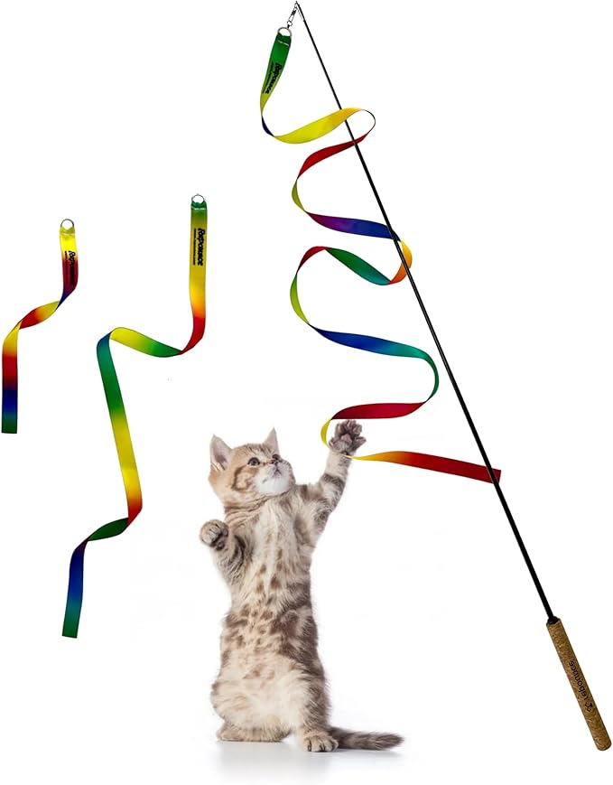Forever Stick Ribbons - The Unbreakable Cat Toy Wand & Ribbon Attachments (3 Pc), Extra Long Durable Interactive Cat Toy for Indoor Cats, Feather Kitten Toys for Bored Indoor Adult Cats