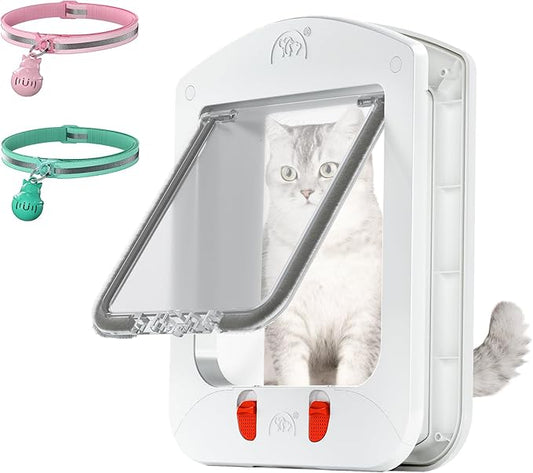 HIDROSIL Cat Door with Collar Sensor, Pet Door with Magnetic Keys and 2 Sensor Keys, 4 Locking Ways, Suitable for Interior/Exterior Use, White Frame 11.5 x 9 x 1.5 inches