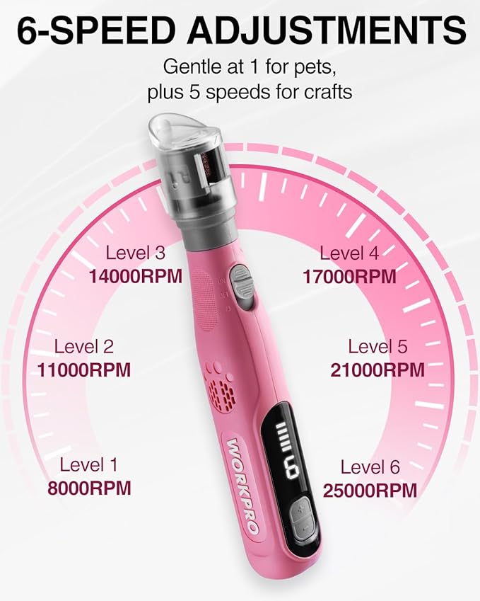 WORKPRO 6-Speed Dog Nail Grinder, Pet Nail Grinder for Small, Medium, and Large Dogs and Cats, 70 Accessories Rotary Tool with Type-C Charging Cable and Storage Bag for Sanding, Carving, and Polishing