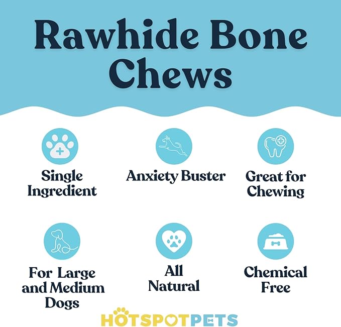 hotspot pets 8-9 Inch Large Rawhide Dog Chew Bones - Made from Grass Fed Cows - Great for Dental & Oral Care for Aggressive Chewers Large Dogs
