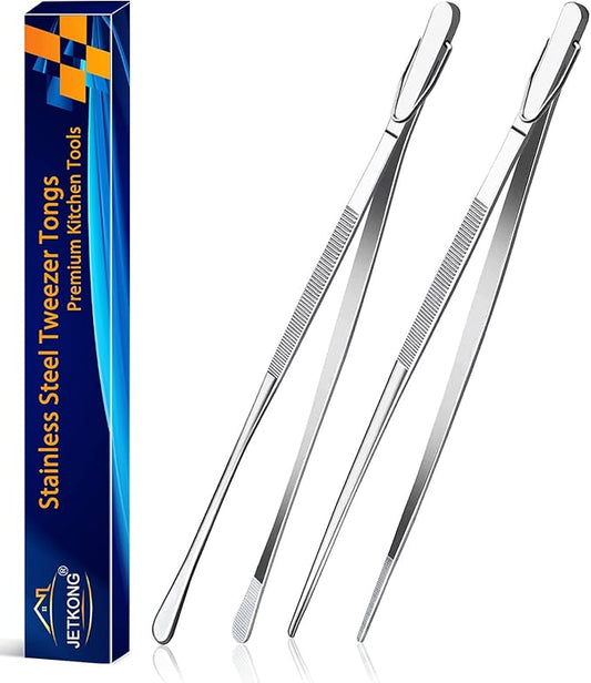 JETKONG 2 Pcs 12-Inch Kitchen Tweezers Fine Tweezer Tongs, Extra-Long Stainless Steel Cooking Tweezers (Silver)
