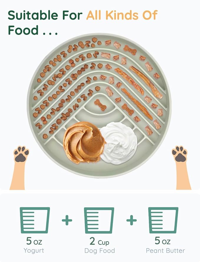 Slow Feeder Dog Bowls, Slowdown Bowl - Silicone Dog Feeding Bowls with Suction Cups for Puppies, Modern Lick Mat Design, Reduces Gulping, Dishwasher Fit, Mealtime Challenge, 7.5" x 1.3" Green