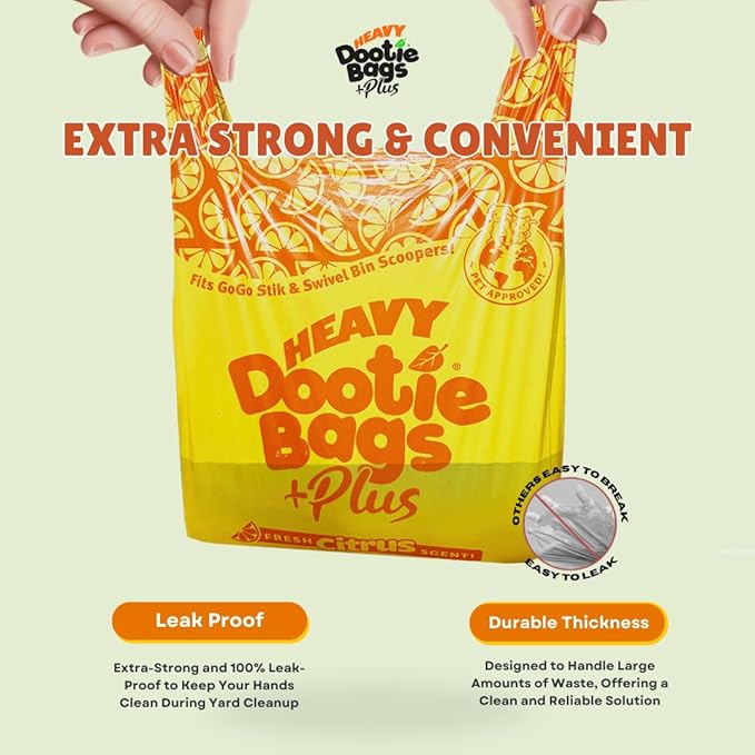 HEAVY Dootie Bags +Plus a Hint of Citrus Scent with EZ Tie Handles. For Pet Dog Poop, Cat Litter. Multi-Use. Fits Swivel Bin and Gogo Stik Scoopers. Made with Cornstarch. Strong, Leakproof, Very Large