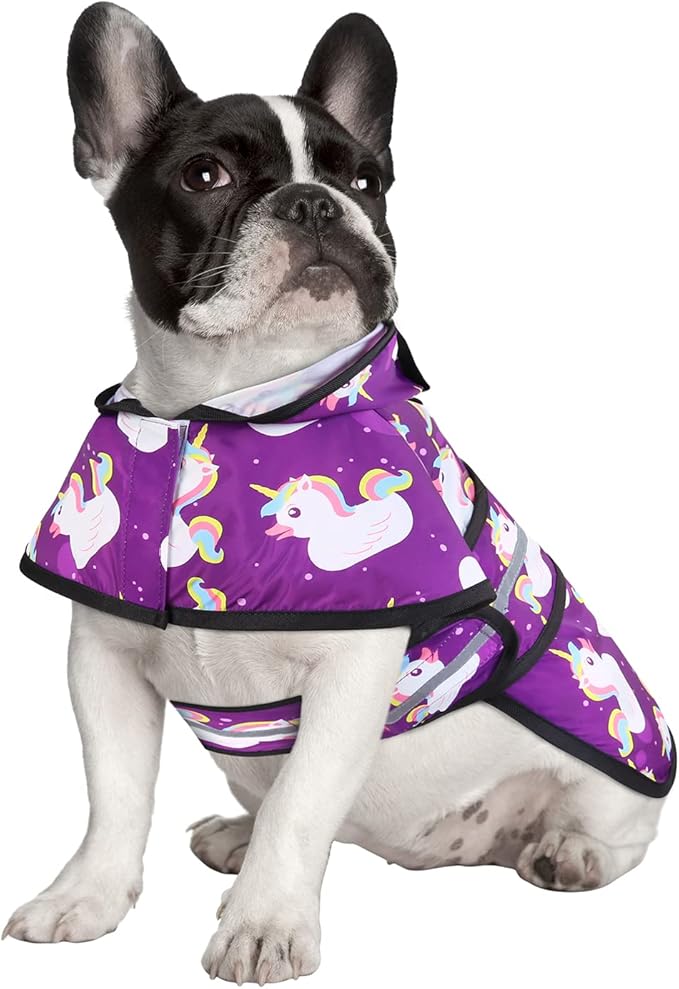 HDE Dog Raincoat Jacket Reflective Adjustable Hooded Pet Poncho Rain Coat with Leash Hole for Small to X-Large Dogs Purple Unicorn Ducks - S