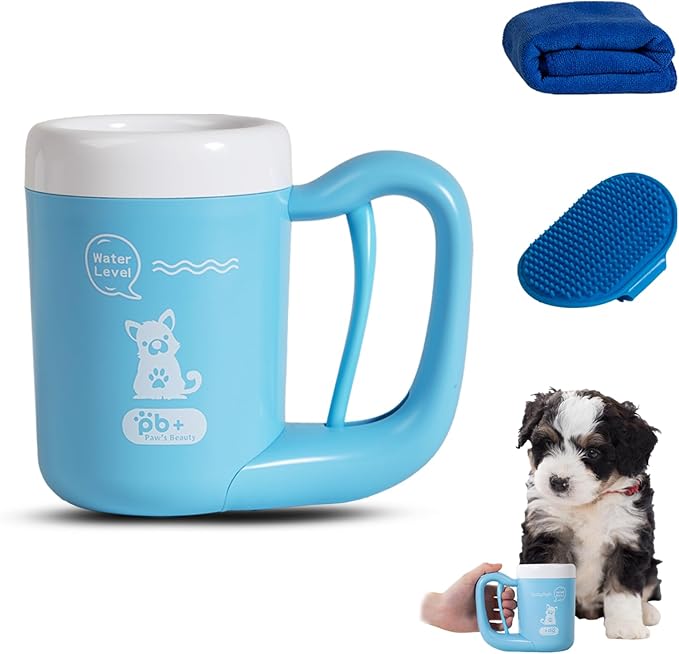 Small Pet Paw Cleaner Cup - Easy Press Design Dog Foot Washer with Soft Massage Brush & Absorbent Towel - Reusable Durable Paw Cleaning Cup for Dogs Cats, Easy to Clean Handheld Bath Tool