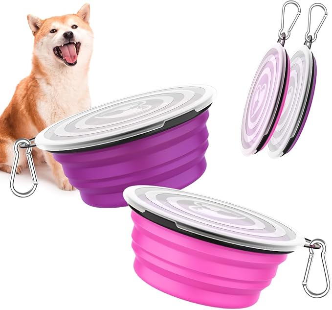 Pawaboo Collapsible Dog Bowls 2 Pack, Silicone Feeding Watering Bowls with Lids & Carabiners for Dogs Cats, Portable Water Feeder Food Bowl for Walking Traveling Home Use, 1000ml, Pink + Purple