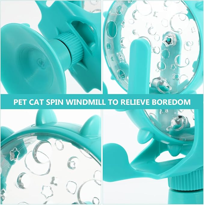 Interactive Pets Treats Dispenser Toy: 360 Degree Rotating Windmill Puzzle Toys for Small Cat & Dog Exercise - Window Ferris Wheel Feeder with Suction Cup for Puppies, Blue