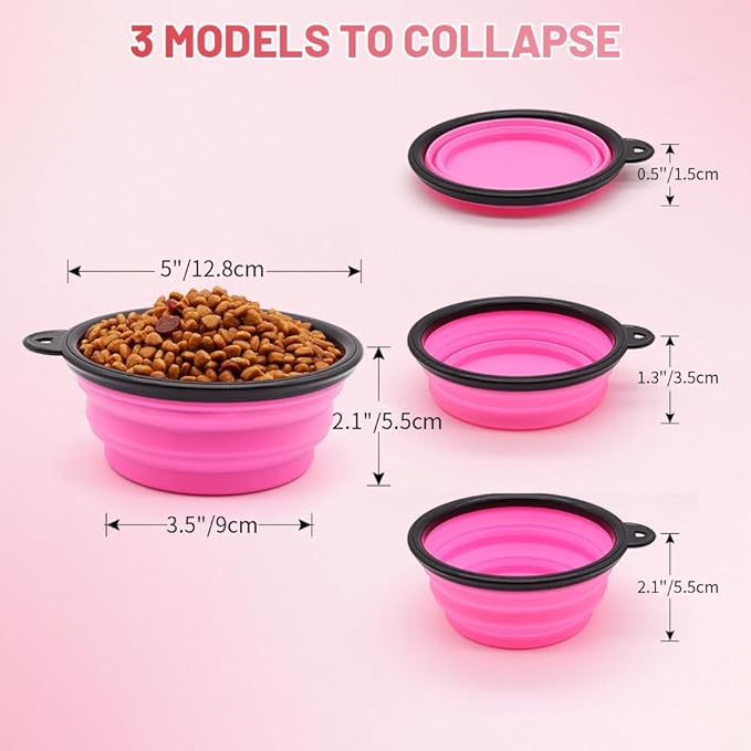 SLSON Collapsible Dog Bowls, 2 Pack, Portable Pet Feeding Watering Dish for Traveling with Carabiners (Small, Orange+Pink)