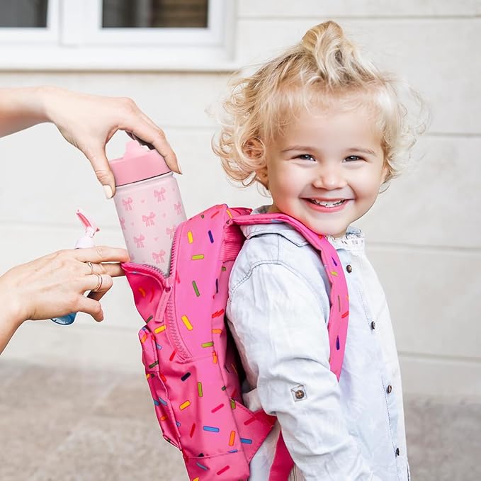 Kid Water Bottle 12oz with Straw Lid - 2-Pack Insulated Stainless Steel Water Bottles for Kids Girls - Travel Cup for School Sports, Bow & Heart